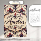 Vintage Floral Damask Red and Purple on Cream Seamless Pattern  Personalised Custom Name Super Soft Fleece Blanket Bed Sofa Throw