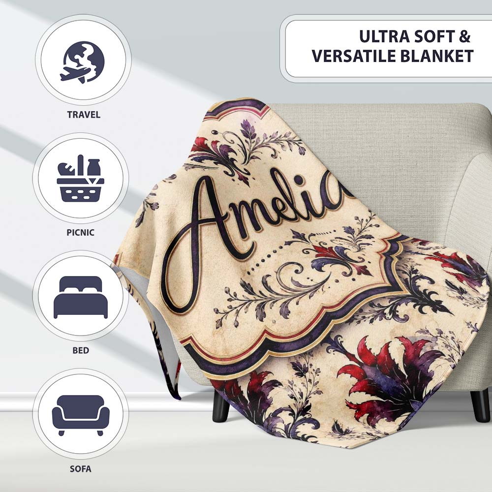 Vintage Floral Damask Red and Purple on Cream Seamless Pattern  Personalised Custom Name Super Soft Fleece Blanket Bed Sofa Throw