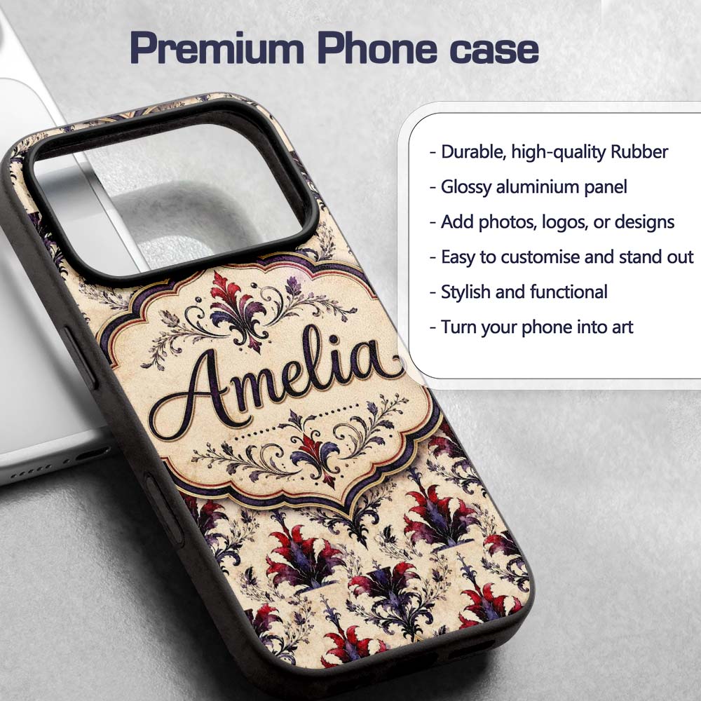Vintage Floral Damask Red and Purple on Cream Custom Name Protective Phone Case Mobile Cover Durable Everyday Smartphone Shock Resistant