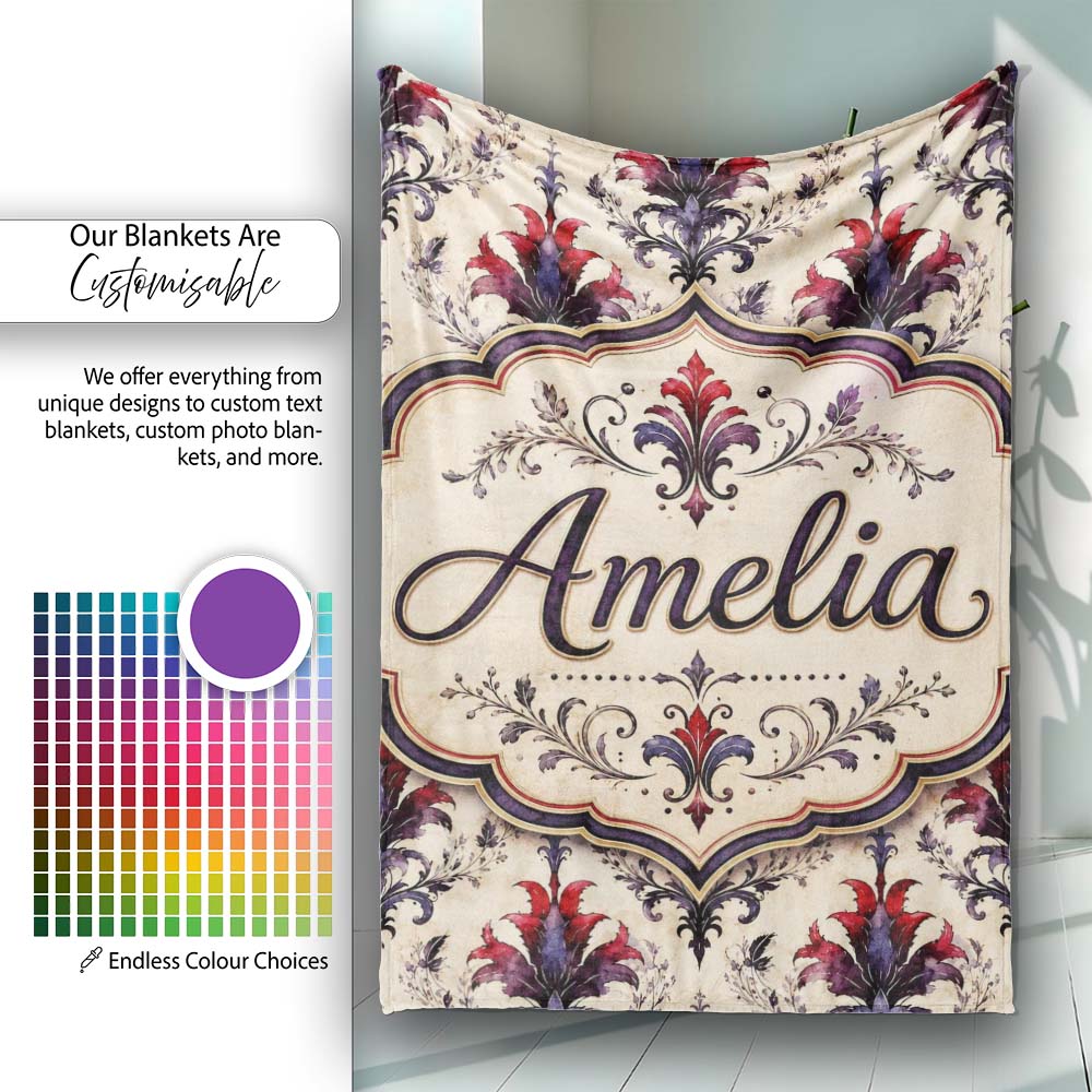 Vintage Floral Damask Red and Purple on Cream Seamless Pattern  Personalised Custom Name Super Soft Fleece Blanket Bed Sofa Throw