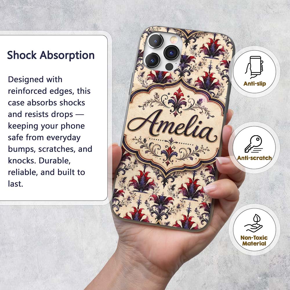 Vintage Floral Damask Red and Purple on Cream Custom Name Protective Phone Case Mobile Cover Durable Everyday Smartphone Shock Resistant