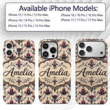 Vintage Floral Damask Red and Purple on Cream Custom Name Protective Phone Case Mobile Cover Durable Everyday Smartphone Shock Resistant
