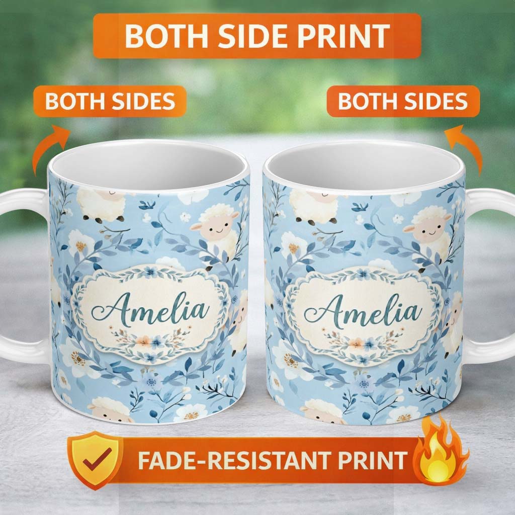 Personalized Custom Name Cute Baby Sheep Lambs with Blue Floral Background Seamless Pattern 11oz Ceramic Coffee Tea Mug White Large Handle