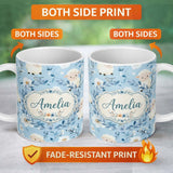 Personalized Custom Name Cute Baby Sheep Lambs with Blue Floral Background Seamless Pattern 11oz Ceramic Coffee Tea Mug White Large Handle