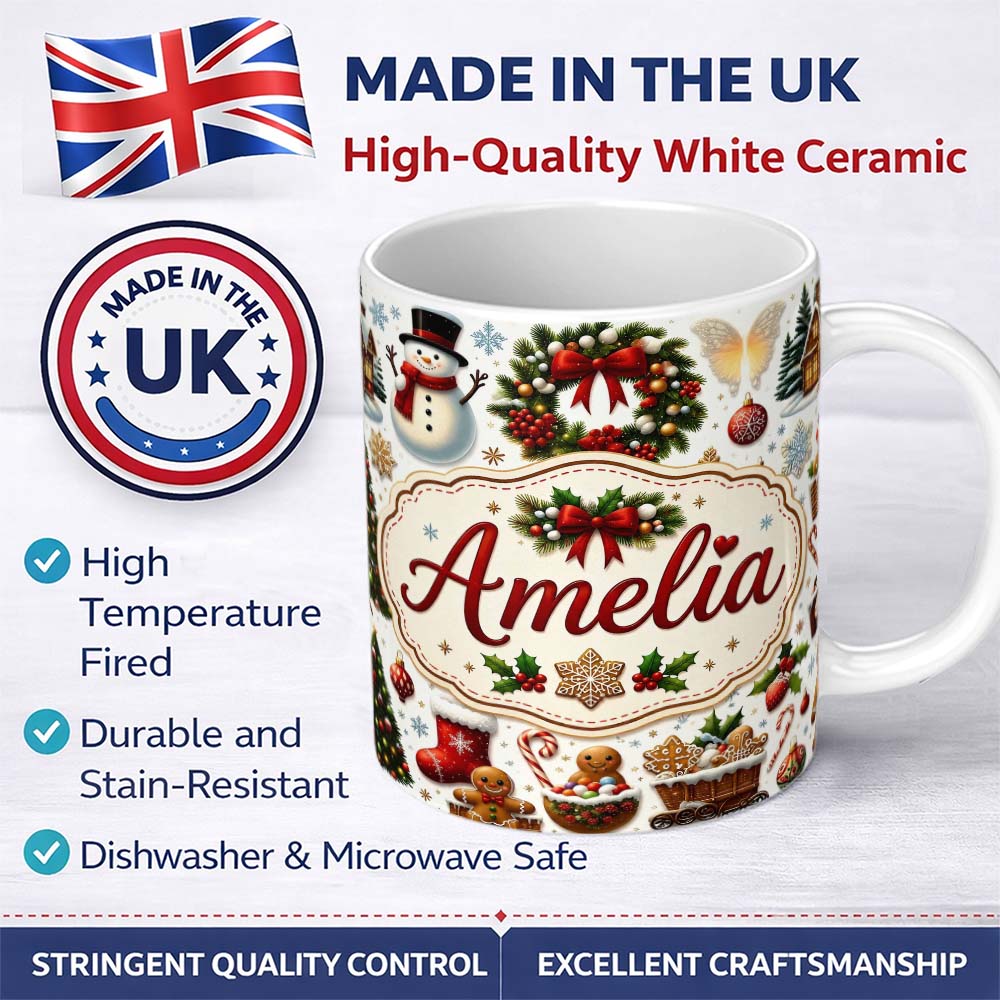 Personalized Custom Name Cute Christmas Wreath Snowman Gingerbread Cookies Tree Seamless 11oz Ceramic Coffee Tea Mug White Large Handle
