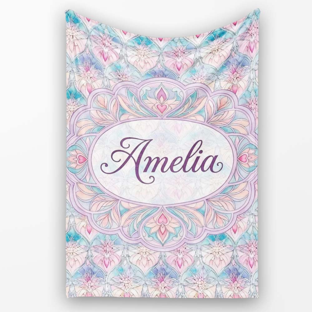 Pastel Art Nouveau Floral Soft Pink and Blue Seamless Pattern Lovely  Personalised Custom Name Super Soft Fleece Blanket Bed Sofa Throw