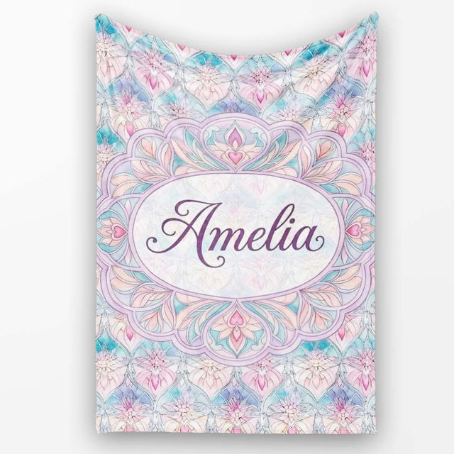 Pastel Art Nouveau Floral Soft Pink and Blue Seamless Pattern Lovely  Personalised Custom Name Super Soft Fleece Blanket Bed Sofa Throw