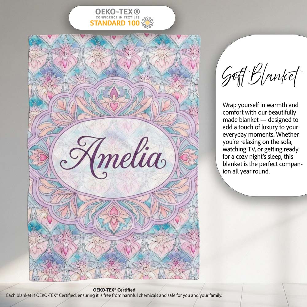 Pastel Art Nouveau Floral Soft Pink and Blue Seamless Pattern Lovely  Personalised Custom Name Super Soft Fleece Blanket Bed Sofa Throw