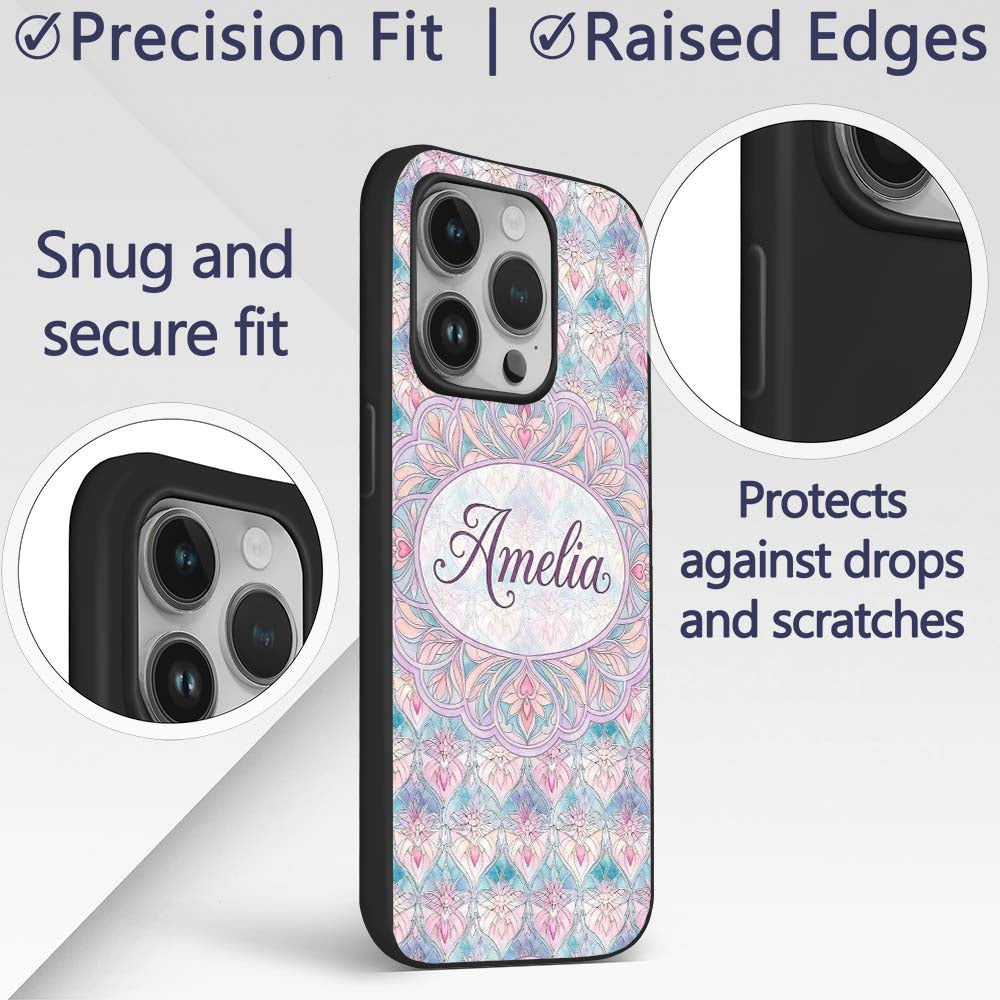 Pastel Art Nouveau Floral Soft Pink and Blue Custom Name Protective Phone Case Mobile Cover Durable Everyday Smartphone Shock Resistant