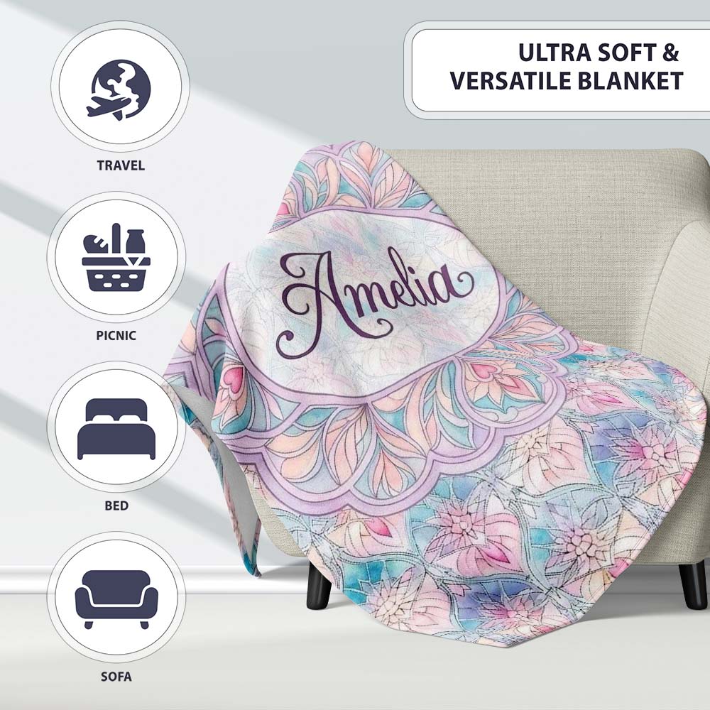 Pastel Art Nouveau Floral Soft Pink and Blue Seamless Pattern Lovely  Personalised Custom Name Super Soft Fleece Blanket Bed Sofa Throw
