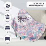 Pastel Art Nouveau Floral Soft Pink and Blue Seamless Pattern Lovely  Personalised Custom Name Super Soft Fleece Blanket Bed Sofa Throw
