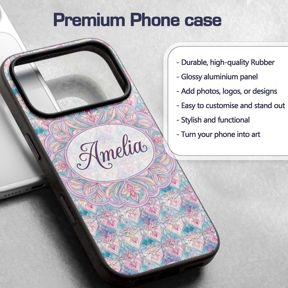 Pastel Art Nouveau Floral Soft Pink and Blue Custom Name Protective Phone Case Mobile Cover Durable Everyday Smartphone Shock Resistant