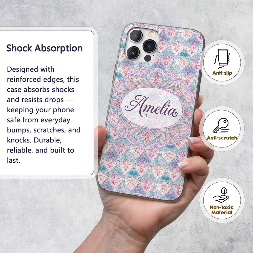 Pastel Art Nouveau Floral Soft Pink and Blue Custom Name Protective Phone Case Mobile Cover Durable Everyday Smartphone Shock Resistant