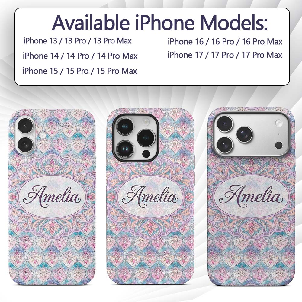 Pastel Art Nouveau Floral Soft Pink and Blue Custom Name Protective Phone Case Mobile Cover Durable Everyday Smartphone Shock Resistant