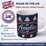 Personalized Custom Name Cute Blue Nordic Reindeer Mountain Winter Knitted Seamless Pattern 11oz Ceramic Coffee Tea Mug White Large Handle