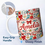 Personalized Custom Name Christmas Bow Bell Ornament Holly Seamless Pattern Cute Unique Gift 11oz Ceramic Coffee Tea Mug White Large Handle