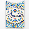 Watercolor Mediterranean Tile Blue and Orange Floral Seamless Lovely  Personalised Custom Name Super Soft Fleece Blanket Bed Sofa Throw