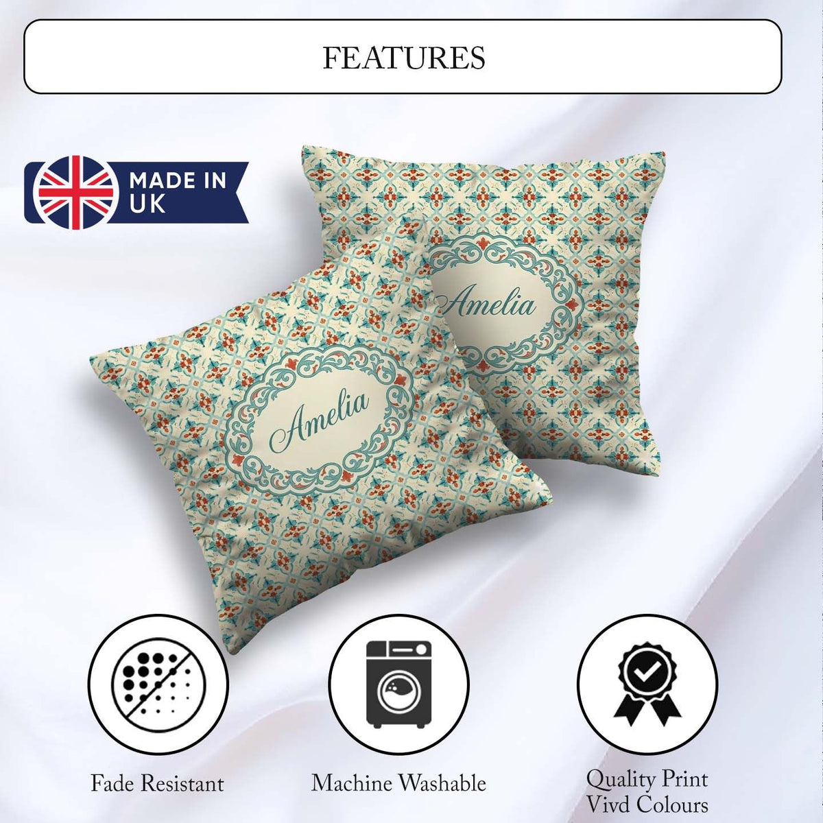 Custom Name Classic Tile Pattern Cream Teal and Seamless Pattern Square Filled Cushion Throw Pillow Sofa Bed Home Decor Zip Washable UK Made