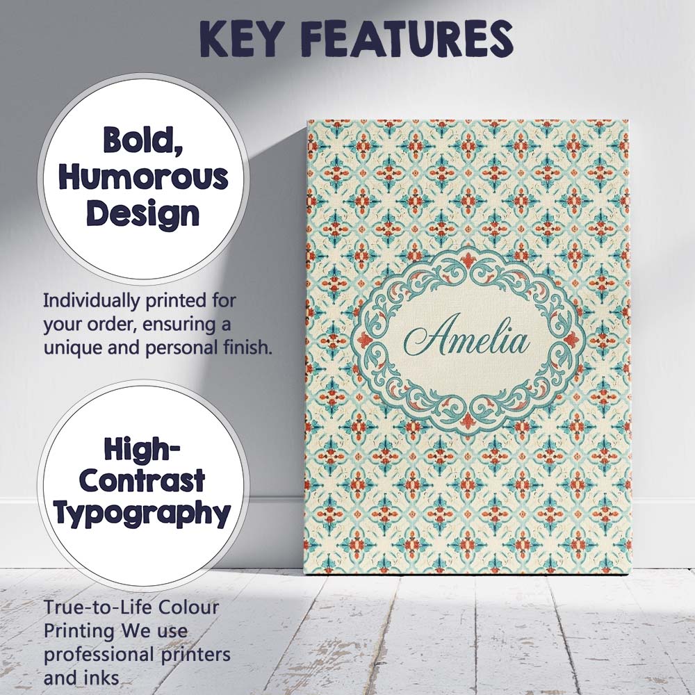 Personalised Name Classic Floral Tile Custom Modern Room Accent Creative Decorator Style Canvas Wall Art Print Decor Picture Ready to Hang