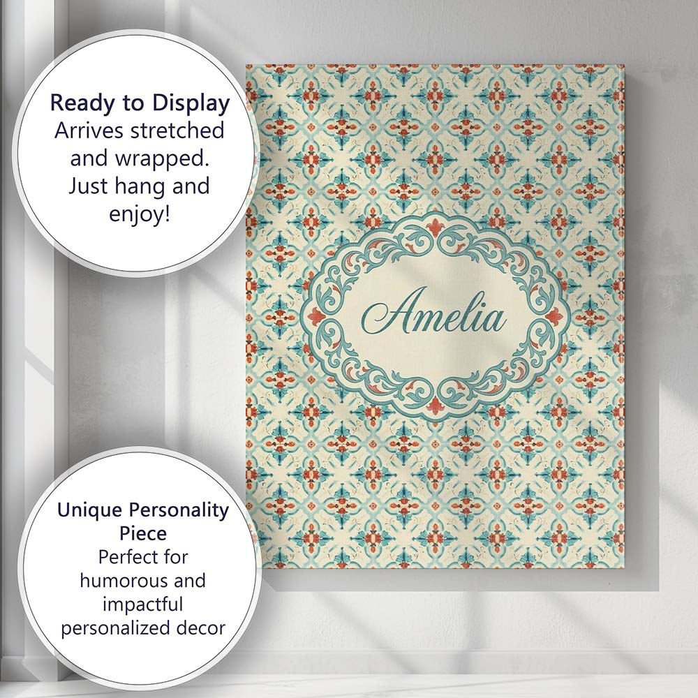 Personalised Name Classic Floral Tile Custom Modern Room Accent Creative Decorator Style Canvas Wall Art Print Decor Picture Ready to Hang