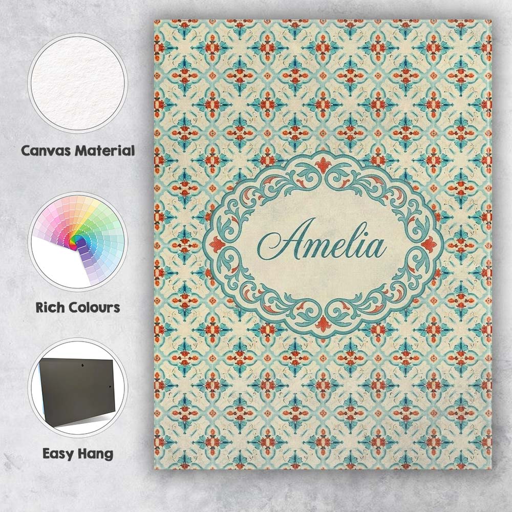 Personalised Name Classic Floral Tile Custom Modern Room Accent Creative Decorator Style Canvas Wall Art Print Decor Picture Ready to Hang