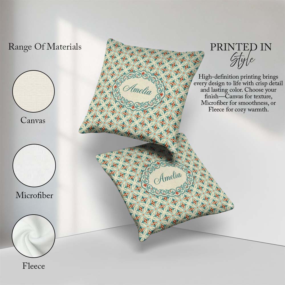 Custom Name Classic Tile Pattern Cream Teal and Seamless Pattern Square Filled Cushion Throw Pillow Sofa Bed Home Decor Zip Washable UK Made