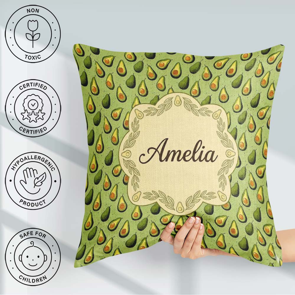 Custom Name Green Avocado Seamless Textured Background Botanical Square Filled Cushion Throw Pillow Sofa Bed Home Decor Zip Washable UK Made