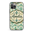 Elegant Geometric Floral Tile Green and Gold Custom Name Protective Phone Case Mobile Cover Durable Everyday Smartphone Shock Resistant