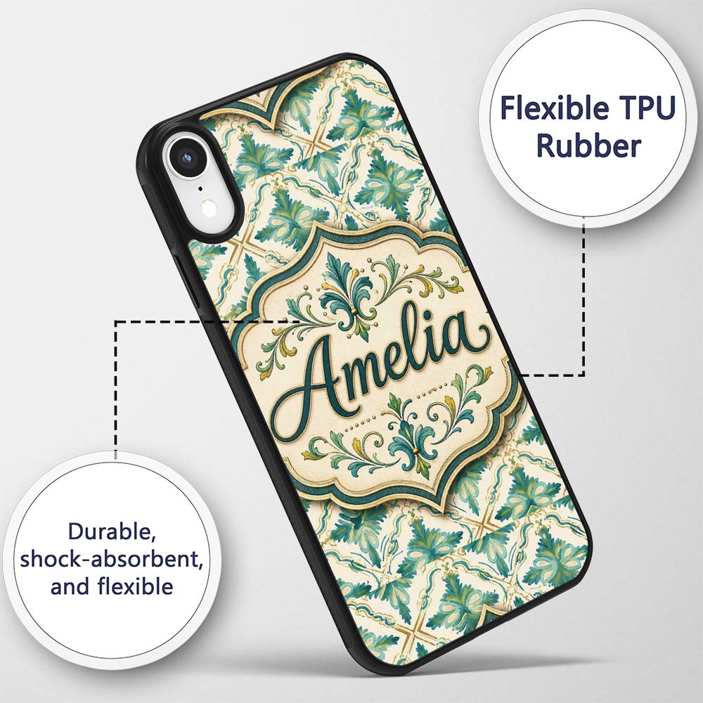 Elegant Geometric Floral Tile Green and Gold Custom Name Protective Phone Case Mobile Cover Durable Everyday Smartphone Shock Resistant