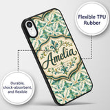 Elegant Geometric Floral Tile Green and Gold Custom Name Protective Phone Case Mobile Cover Durable Everyday Smartphone Shock Resistant