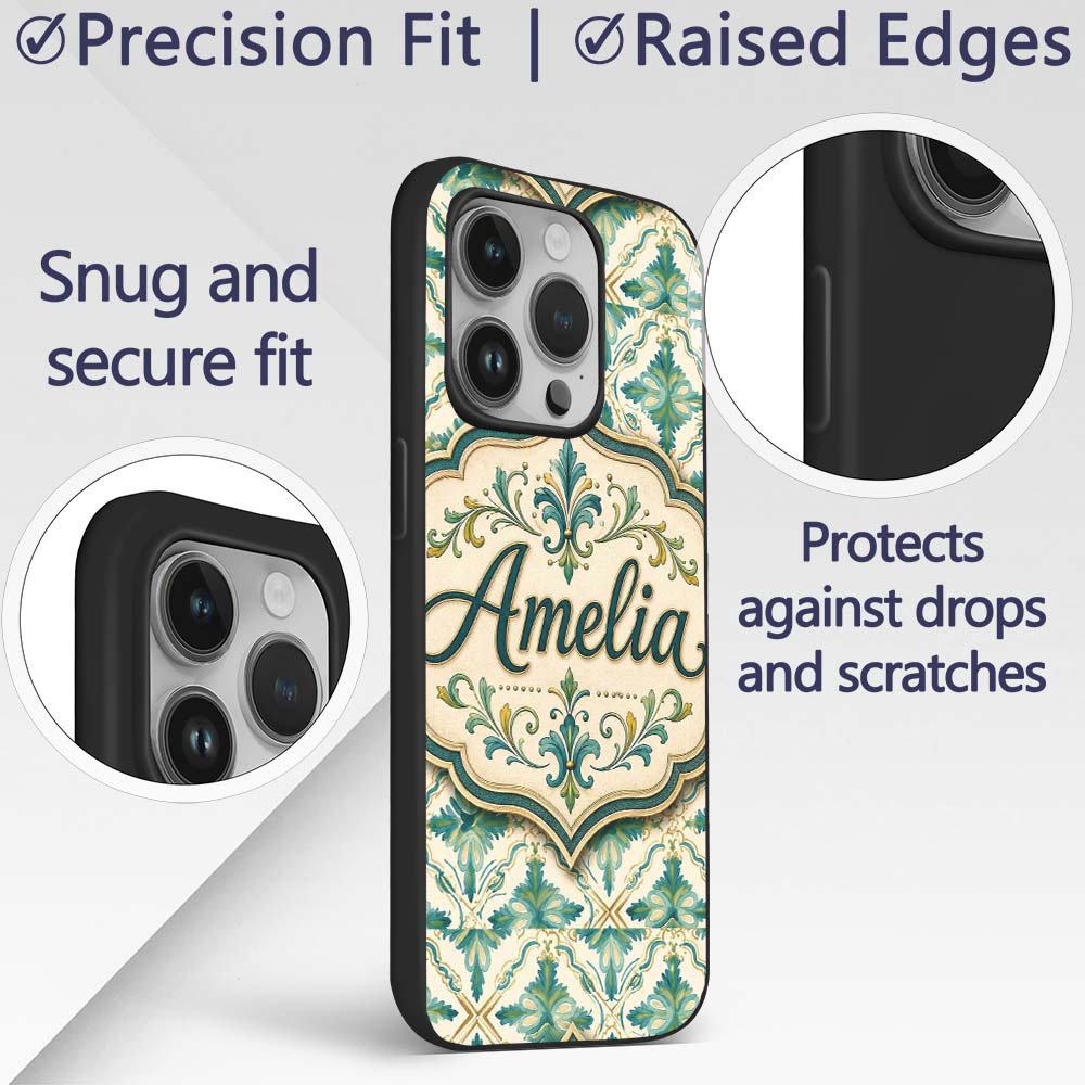Elegant Geometric Floral Tile Green and Gold Custom Name Protective Phone Case Mobile Cover Durable Everyday Smartphone Shock Resistant
