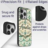 Elegant Geometric Floral Tile Green and Gold Custom Name Protective Phone Case Mobile Cover Durable Everyday Smartphone Shock Resistant