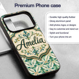 Elegant Geometric Floral Tile Green and Gold Custom Name Protective Phone Case Mobile Cover Durable Everyday Smartphone Shock Resistant