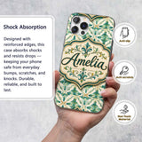 Elegant Geometric Floral Tile Green and Gold Custom Name Protective Phone Case Mobile Cover Durable Everyday Smartphone Shock Resistant