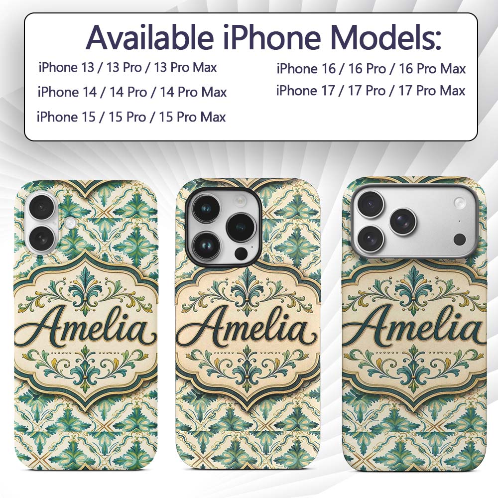 Elegant Geometric Floral Tile Green and Gold Custom Name Protective Phone Case Mobile Cover Durable Everyday Smartphone Shock Resistant