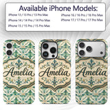 Elegant Geometric Floral Tile Green and Gold Custom Name Protective Phone Case Mobile Cover Durable Everyday Smartphone Shock Resistant