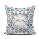 Custom Name Blue Red Floral Tile Motif Seamless Pattern Lovely Square Filled Cushion Throw Pillow Sofa Bed Home Decor Zip Washable UK Made