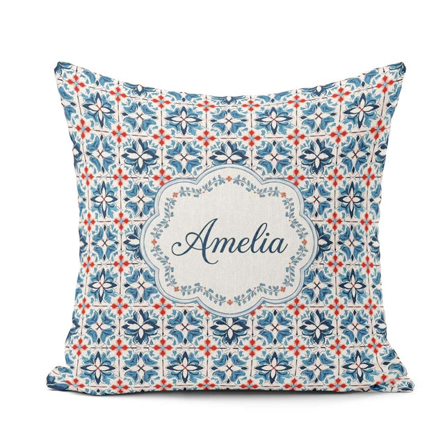Custom Name Blue Red Floral Tile Motif Seamless Pattern Lovely Square Filled Cushion Throw Pillow Sofa Bed Home Decor Zip Washable UK Made