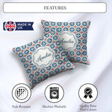 Custom Name Blue Red Floral Tile Motif Seamless Pattern Lovely Square Filled Cushion Throw Pillow Sofa Bed Home Decor Zip Washable UK Made