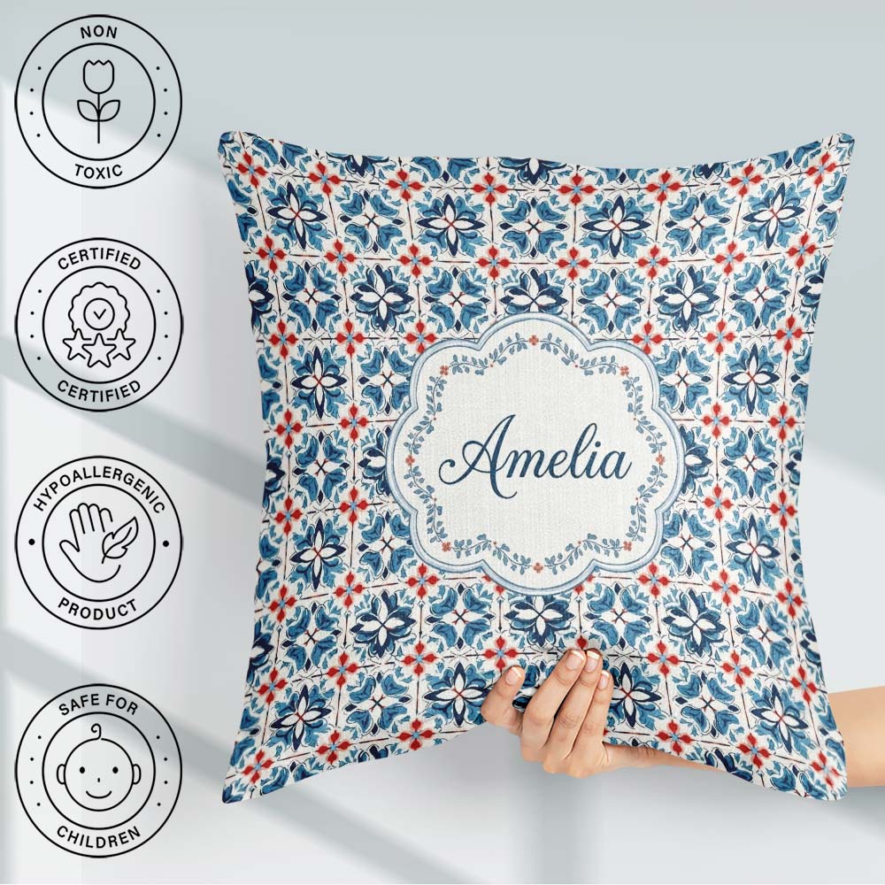 Custom Name Blue Red Floral Tile Motif Seamless Pattern Lovely Square Filled Cushion Throw Pillow Sofa Bed Home Decor Zip Washable UK Made