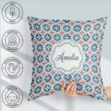 Custom Name Blue Red Floral Tile Motif Seamless Pattern Lovely Square Filled Cushion Throw Pillow Sofa Bed Home Decor Zip Washable UK Made