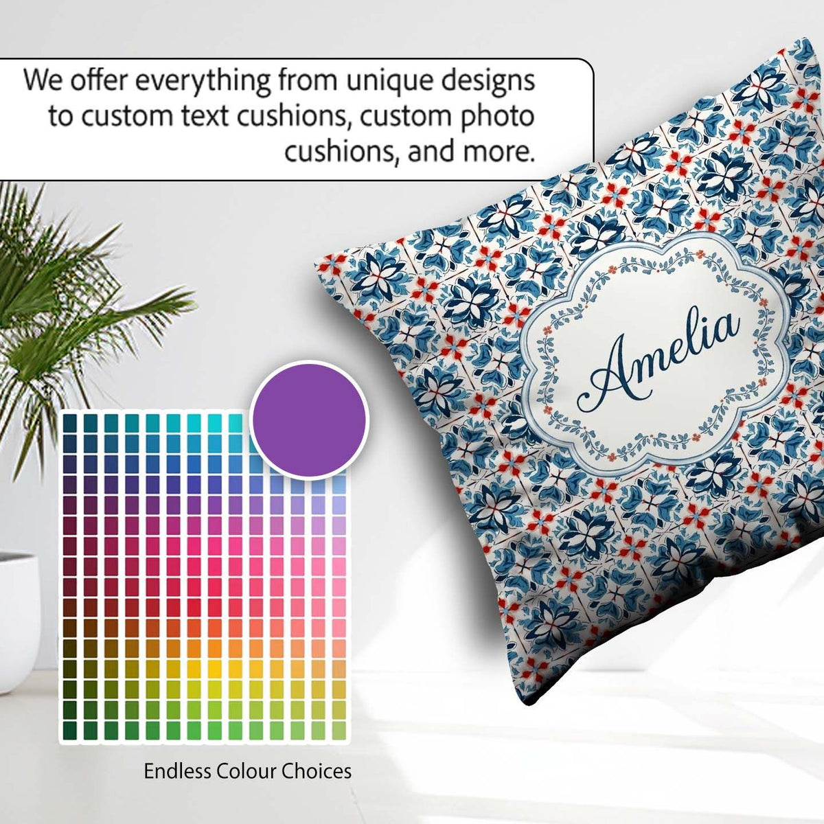 Custom Name Blue Red Floral Tile Motif Seamless Pattern Lovely Square Filled Cushion Throw Pillow Sofa Bed Home Decor Zip Washable UK Made
