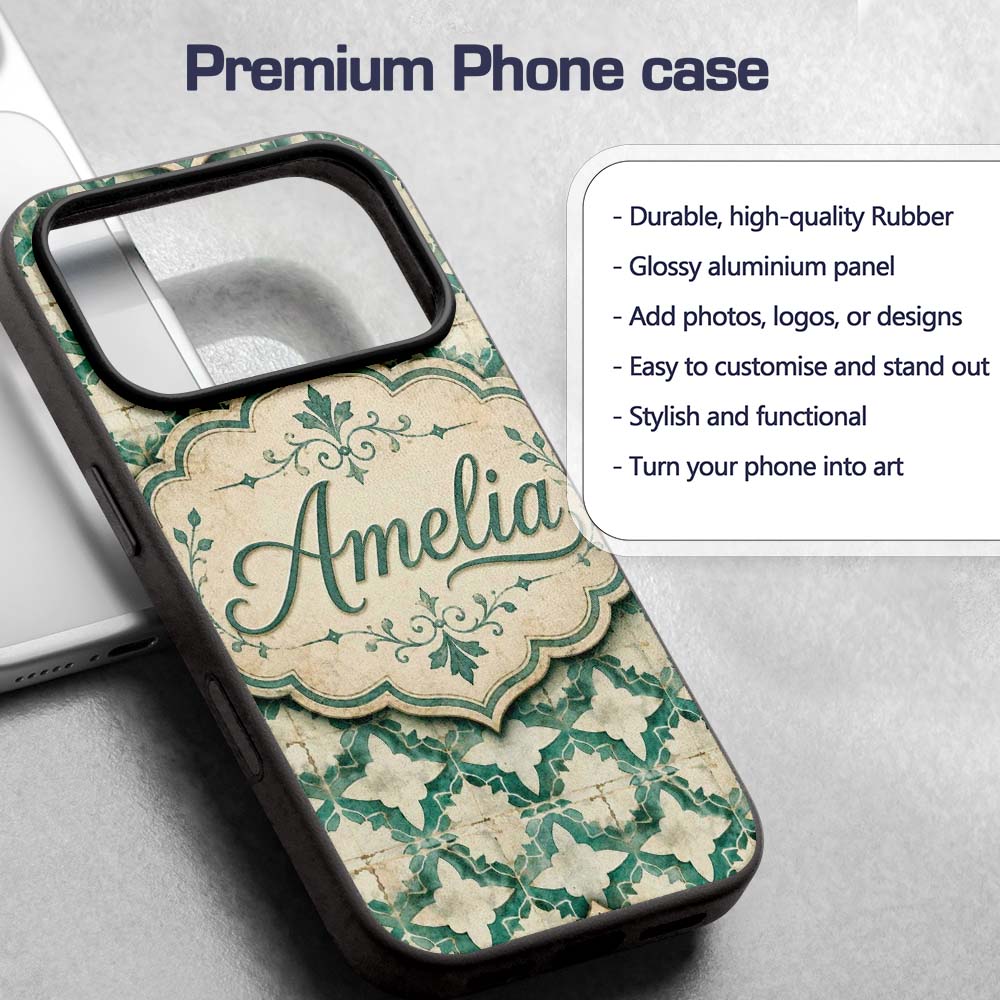 Vintage Distressed Moroccan Tile Green and Cream Custom Name Protective Phone Case Mobile Cover Durable Everyday Smartphone Shock Resistant