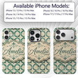Vintage Distressed Moroccan Tile Green and Cream Custom Name Protective Phone Case Mobile Cover Durable Everyday Smartphone Shock Resistant