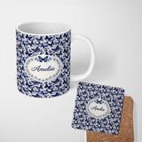 Personalized Custom Name Blue Butterfly Garden Floral Detailed Seamless Pattern Lovely 11oz Ceramic Coffee Tea Mug White Large Handle