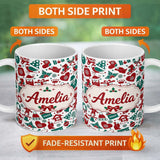 Personalized Custom Name Festive Christmas Santa Gift Snowman Seamless Pattern Lovely 11oz Ceramic Coffee Tea Mug White Large Handle