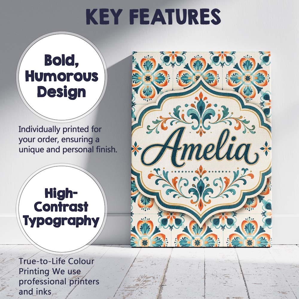 Personalised Name Decorative Floral Tile Custom  Unique Gift Idea Elegant Feature Canvas Wall Art Print Decor Picture Ready to Hang
