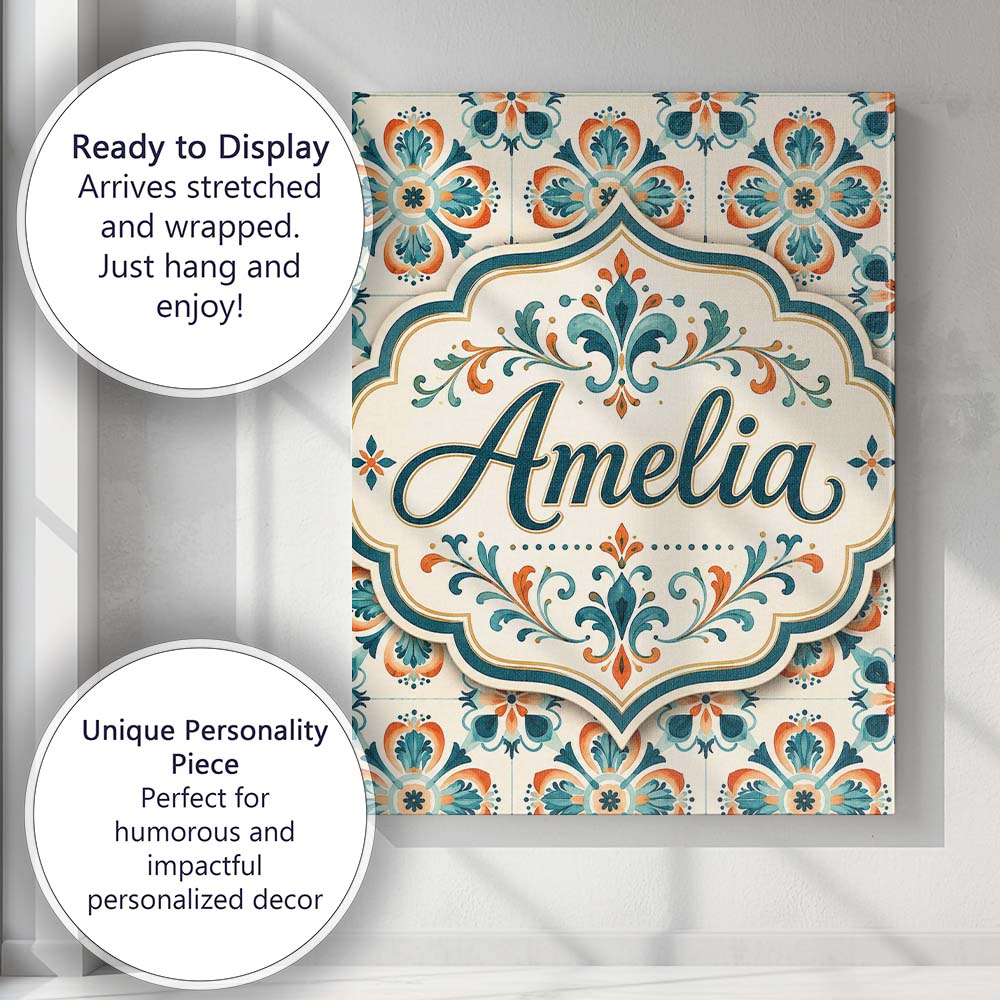 Personalised Name Decorative Floral Tile Custom  Unique Gift Idea Elegant Feature Canvas Wall Art Print Decor Picture Ready to Hang