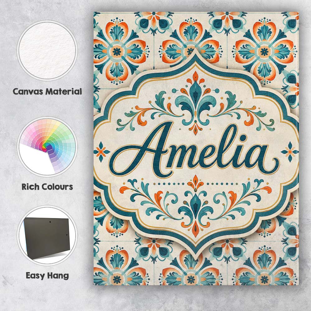 Personalised Name Decorative Floral Tile Custom  Unique Gift Idea Elegant Feature Canvas Wall Art Print Decor Picture Ready to Hang