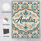 Personalised Name Decorative Floral Tile Custom  Unique Gift Idea Elegant Feature Canvas Wall Art Print Decor Picture Ready to Hang